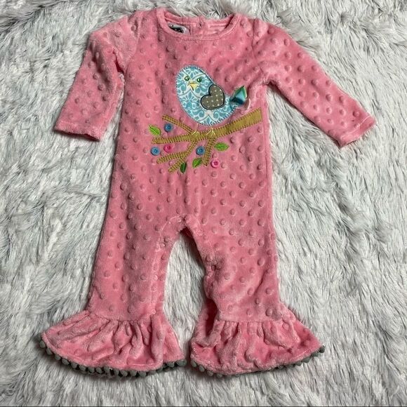 Mudpie Pink Blue Bird Ruffle Bottom Romper - Picture 1 of 4